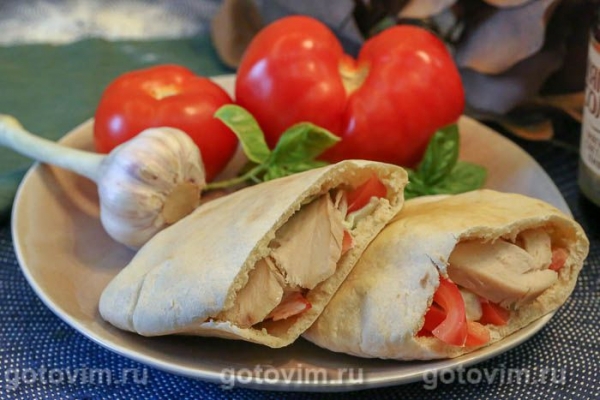 Пита с курицей, помидорами и соусом дзадзики